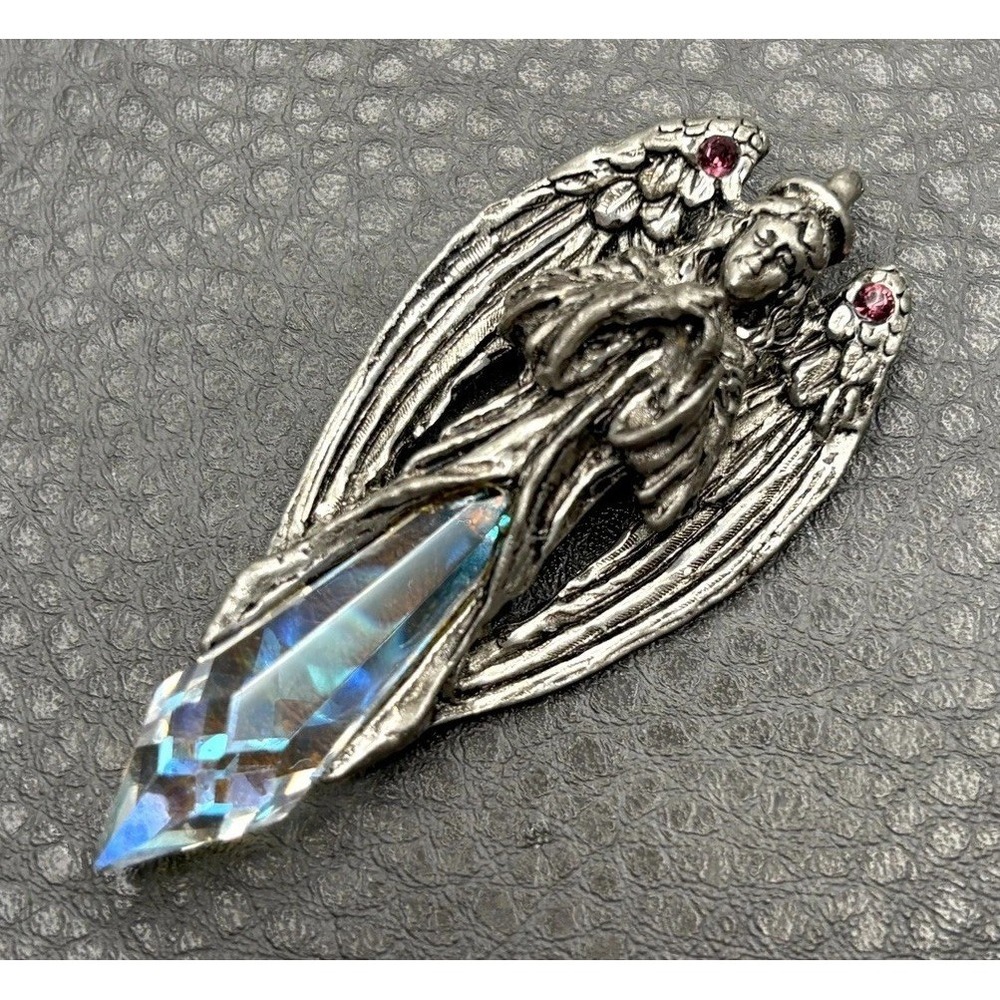Vintage Signed Silver Tone Angel Wing Pendant AB Crystal Drop Necklace Charm